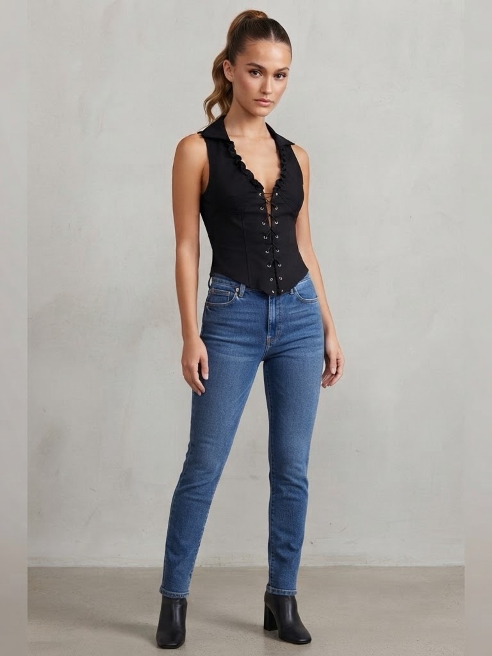 Frankie’s Bikinis Black  Ruffle lace up corset top size XS